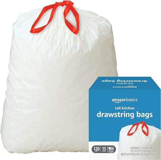 Picture of Amazon Basics Tall Kitchen Drawstring Trash Bags, 13 Gallon, Unscented, 120 Count (Previously Solimo)