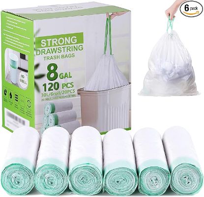 Picture of Hawnn 8 Gallon Trash Bag 120 Count, Unscented Strong Drawstring Garbage Bag Fit 30 Litter Trash Can, for Kitchen, Bathroom, Bedroom, Office ( Green )